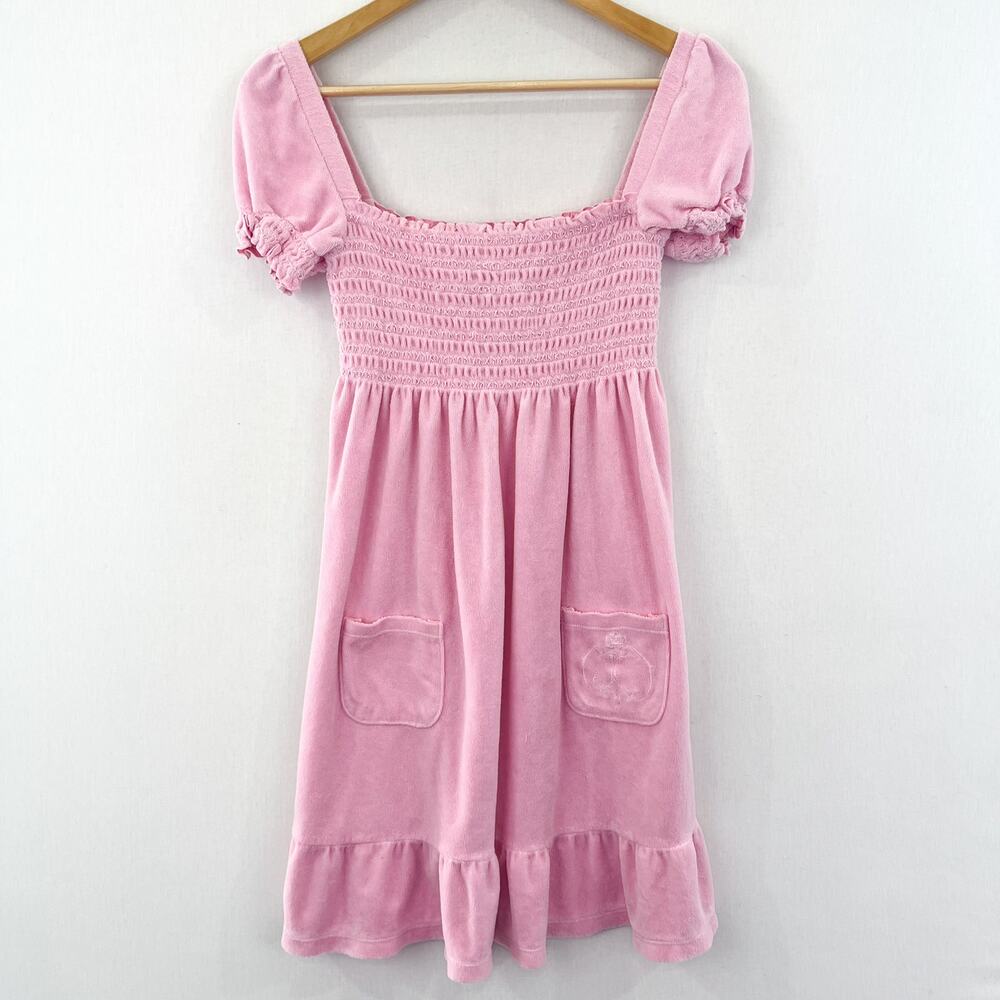 Juicy Couture Y2K Smocked Terrycloth Babydoll Dress Small Pink Puff Sleeve